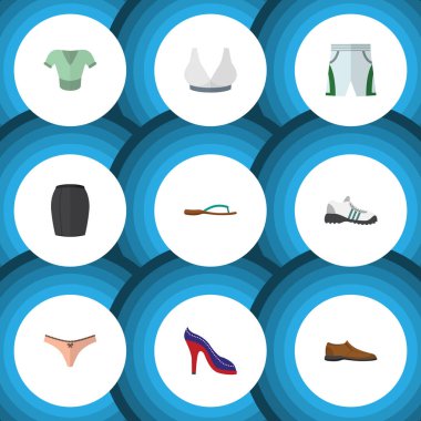 Düz simgesi elbise şık giyim, Brasserie, mayo kumaş ve diğer vektör nesnelerini ayarlayın. Kumaş, külot, etek öğeleri de içerir.