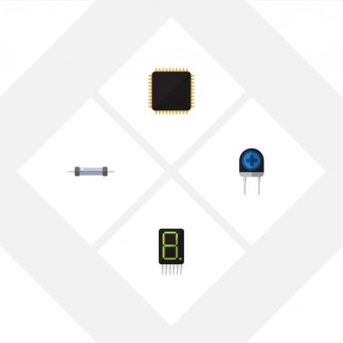 Düz simge cihaz seti bir dönüştürücü, görüntüleme, direnç ve diğer vektör nesneleri. Ayrıca alıcı, direnç, anakart öğeleri içerir.