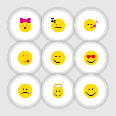 Düz simgesi Emoji göz kırpıyor, Descant ve diğer vektör nesneleri kümesi üzücü. Ayrıca tadını çıkarıyorlar, gülümseme, sevinç öğeleri içerir.