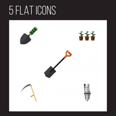 Düz kutsal kişilerin resmi Bahçe mala, pompa, saksı ve diğer vektör nesneleri kümesi. Cutter, saksı, araç öğeleri de içerir.