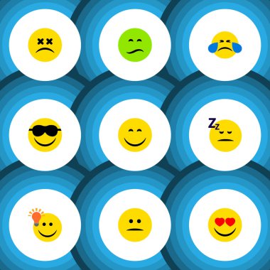 Düz simgesi Emoji kümesine sahip iyi bir görüş, uykuda, sevgi ve diğer vektör nesneleri. Ayrıca Emoji, memnun, mutlu öğeleri içerir.