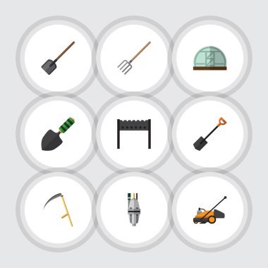 Kürek, Barbekü, saman çatal ve diğer vektör nesnelerini düz simge çiftlik seti. Tırpan, çim, Barbekü öğeleri de içerir.