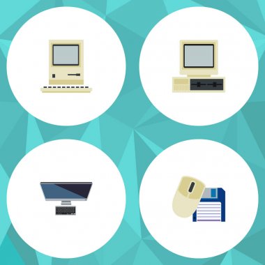 Düz simge bilgisayar kümesi Pc, bilgisayar fare, bilgisayar ve diğer vektör nesneleri. Ayrıca kişisel, bilgi işlem, Retro öğeler içerir.