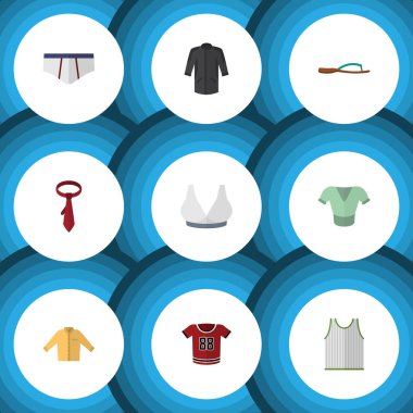 Düz simge kıyafetleri Cravat, Singlet, T-Shirt ve diğer vektör nesnelerini ayarlayın. Kimono, Flop, iç çamaşırı öğeleri de içerir.
