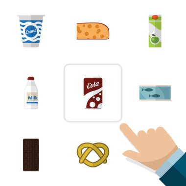 Düz simgesi Mama seti kaşar dilimi, şişe, gazlı içecek ve diğer vektör nesneleri. Ayrıca süt, çikolata, kola öğeleri içerir.