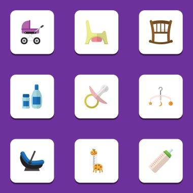 Düz simge oyuncak, çocuk arabası, Bebek karyolası ve diğer vektör nesnelerini bebek seti. Ayrıca emzikler, bebek arabası, losyon öğeleri içerir.