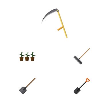 Düz simgesi kulübemde Harrow, saksı, Spade ve diğer vektör nesneleri kümesi. Ayrıca kürek, aracı, Harrow unsurları içerir.