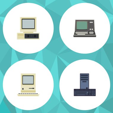 Düz simge bilgisayar seti işlemci, teknoloji, bilgisayar ve diğer vektör nesneleri. Ayrıca Vintage, Retro, işlemci öğeleri içerir.