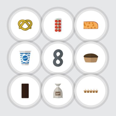 Düz simgesi yemek çuval, Tart, domates ve diğer vektör nesneleri ayarlayın. Peynir, lezzetli, yumurta öğeleri de içerir.