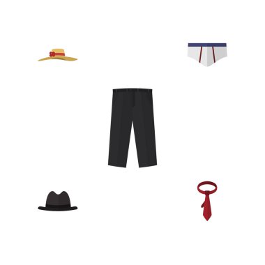 Düz simge kıyafetleri Panama, pantolon, çamaşır grupları ve diğer vektör nesneleri ayarlayın. Ayrıca şapka, kadın pantolon unsurları içerir.