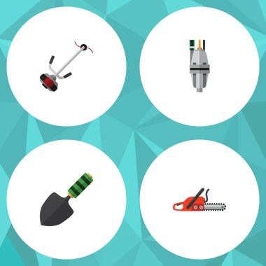 Düz kutsal kişilerin resmi Bahçe çim-kesici, mala, pompa ve diğer vektör nesneleri kümesi. Ayrıca kürek, demir testeresi, pompa unsurları içerir.