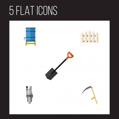 Düz kutsal kişilerin resmi Bahçe Spade, kesici, ahşap bariyer ve diğer vektör nesneleri kümesi. Ayrıca ahşap, içerir su, ekipman öğeler.