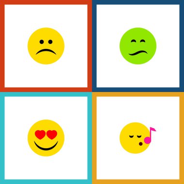 Descant, aşk, kaşlarını ve diğer vektör nesnelerini düz simge Emoji seti. Ayrıca gözler, gülümseme, kaşlarını unsurları içerir.