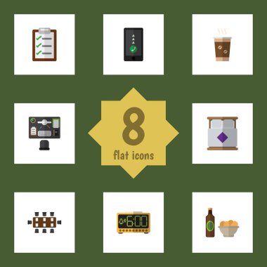 Düz simgesi Oneday kümesi toplantı odası, yatak, Cappuccino ve diğer vektör nesneleri. Ayrıca tablo, çerez, cips öğelerini içerir.