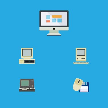 Düz simgesi dizüstü ekran, teknoloji, bilgisayar ve diğer vektör nesnelerini ayarlayın. Ayrıca ekran, bilgisayar, Pc öğeleri içerir.