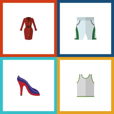 Düz simge kıyafet seti mayo kumaş, topuklu ayakkabı, giysi ve diğer vektör nesneleri. Ayrıca giyim, şort, Ayakkabı unsurları içerir.