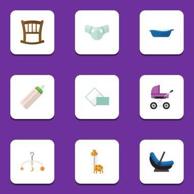 Bebek bezi, besleyici, bebek arabası ve diğer vektör nesnelerini düz simge çocuk seti. Ayrıca doku, oyuncak, besleyici öğeleri içerir.