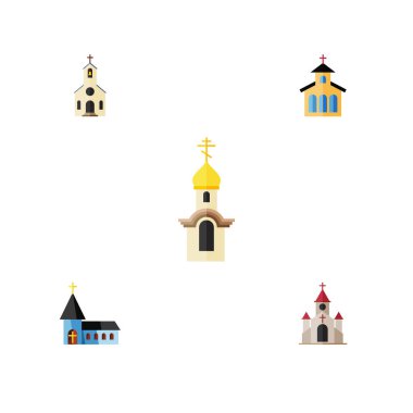 Düz simgesi kilise geleneksel, Katolik, inşaat ve diğer vektör nesneleri kümesi. Ayrıca yapı, Bina, geleneksel öğeleri içerir.