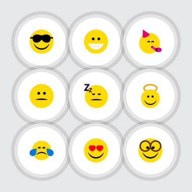 Düz simgesi Emoji kümesi soğuk ter, sırıtma, sevgi ve diğer vektör nesneleri. Ayrıca içerir mutlu, uyuyor, güneş gözlüğü öğeleri.