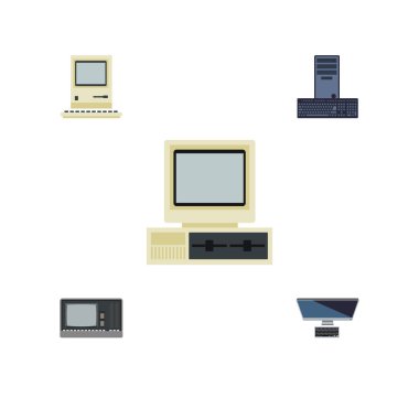 Düz simge bilgisayar kümesi Pc, bilgisayar, Vintage donanım ve diğer vektör nesneleri. Ayrıca Pc, bilgisayar, Vintage öğeler içerir.
