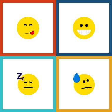 Düz simgesi Emoji gülüşü, lezzetli yemek, uykuda ve diğer vektör nesneleri kümesi. Ayrıca gıda, üzgün, gülmek öğeleri içerir.