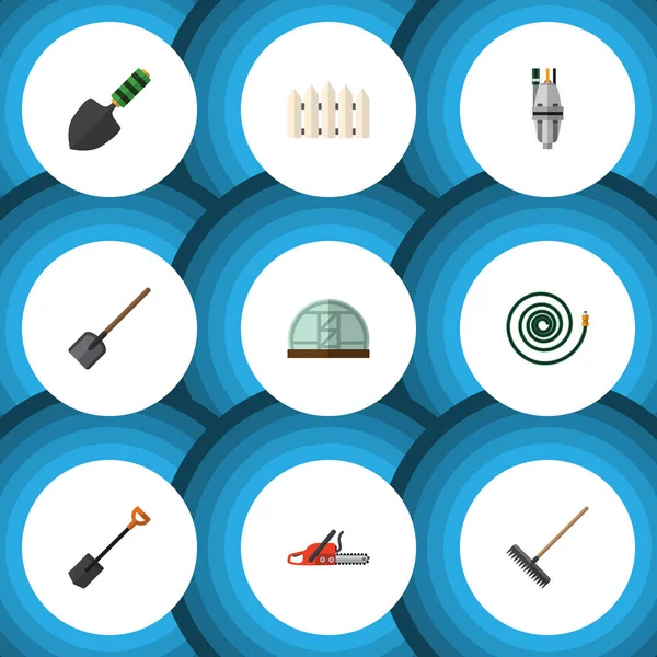 Düz simgesi kulübemde kümesi kürek, Hosepipe, pompa ve diğer vektör nesneleri. Ayrıca demir testeresi, içerir Bahçe, pompa elemanları.