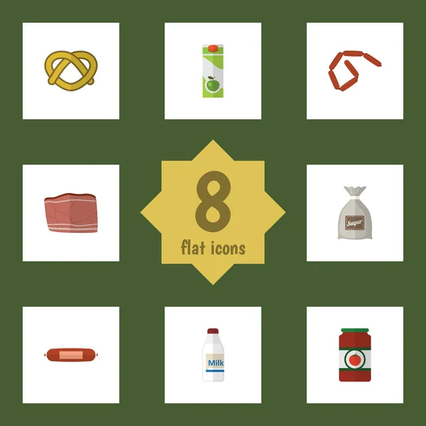 Sada ploché ikon jídlo Sack, nápojový paket, hovězího masa a ostatní vektorové objekty. Také zahrnuje snídani, sušenku, láhev prvky. — Stockový vektor
