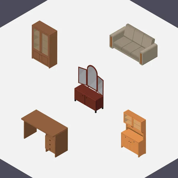 Isometric Furniture Set Of Cabinet, Table, Couch And Other Vector Objects. Also Includes Sofa, Couch, Locker Elements. — Stock Vector