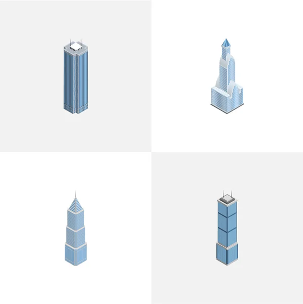 Bâtiment isométrique Ensemble de gratte-ciel, appartement, extérieur et autres objets vectoriels. Comprend également bâtiment, gratte-ciel, éléments de paysage urbain . — Image vectorielle