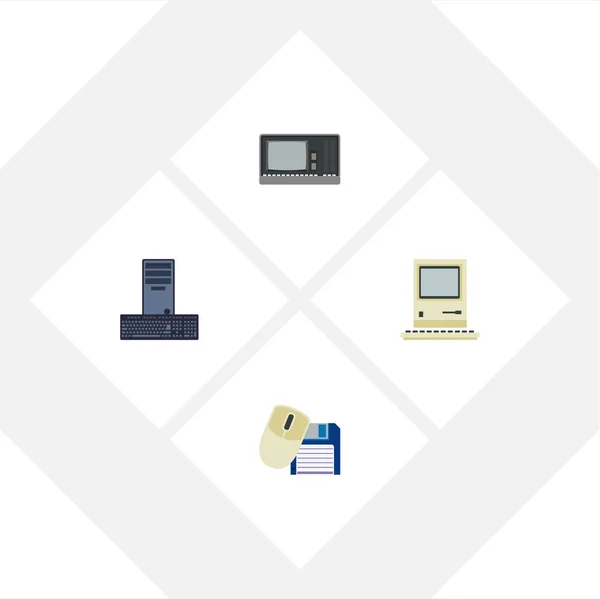 Platt dator Ikonuppsättning av Computing, Vintage hårdvara, Processor och andra vektorobjekt. Innehåller också tangentbord, Floppy, dator delar. — Stock vektor