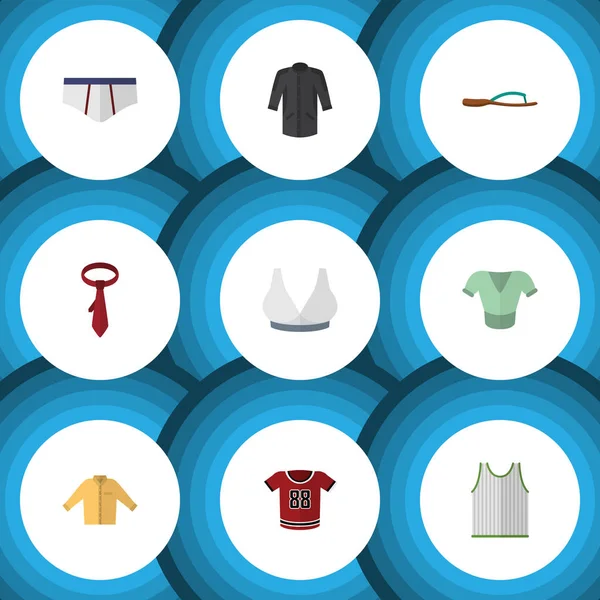 Düz simge kıyafetleri Cravat, Singlet, T-Shirt ve diğer vektör nesnelerini ayarlayın. Kimono, Flop, iç çamaşırı öğeleri de içerir.