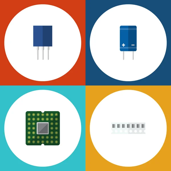 Conjunto de electrónica de iconos planos de transistor, unidad, memoria y otros objetos vectoriales. También incluye memoria, procesador, elementos aleatorios . — Vector de stock
