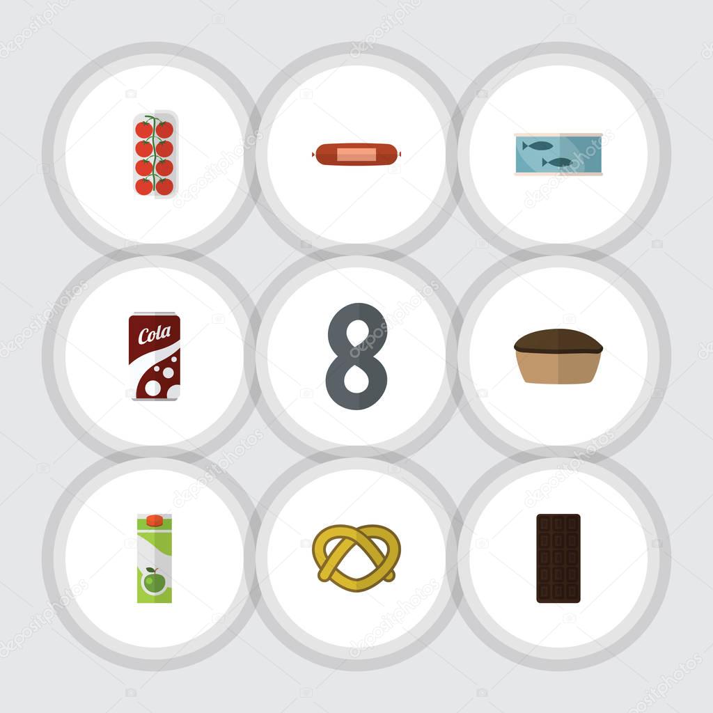 Flat Icon Eating Set Of Tart, Packet Beverage, Tin Tuna And Other Vector Objects. Also Includes Fizzy, Biscuit, Kielbasa Elements.