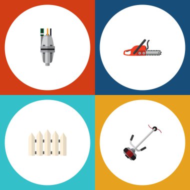 Düz kutsal kişilerin resmi Bahçe çim-kesici, pompa, ahşap bariyer ve diğer vektör nesneleri kümesi. Ayrıca ahşap, içerir kesici, biçme makinesi elemanları.