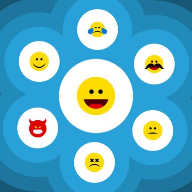 Düz simgesi Emoji soğuk ter, memnun, somurtarak ve diğer vektör nesneleri kümesi. Aynı zamanda üzücü, neşeli, içerir Emoji öğeleri.