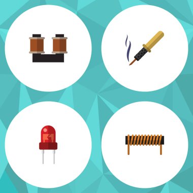 Düz simge cihaz seti, bobin, alıcı, bobin bakır ve diğer vektör nesneleri. Ayrıca bakır, demir, alıcı öğeleri içerir.