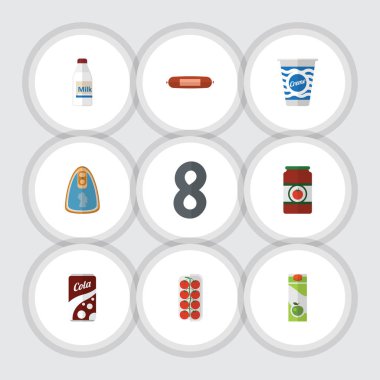 Düz simgesi paket içecek, Kielbasa, şişe ve diğer vektör nesneleri kümesi yeme. Ayrıca yoğurt, aşk, muhallebi öğeleri içerir.