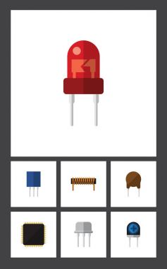 Düz simge elektronik kümesi Resist, bobin, dönüştürücü ve diğer vektör nesneleri. Ayrıca Cpu, Fiildistor, elektronik öğeler içerir.