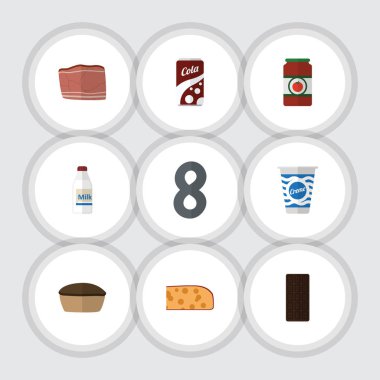 Düz simgesi şişe, ketçap, sığır eti ve diğer vektör nesneleri kümesi yeme. Ayrıca çikolata, krema, lezzetli öğeleri içerir.