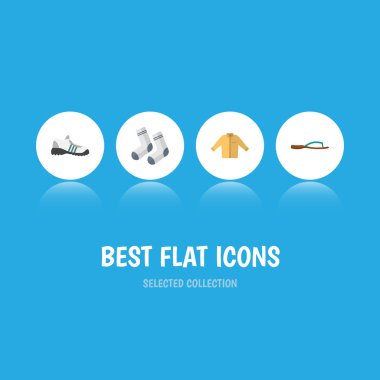 Düz simgesi giysi ayak Tekstil, spor ayakkabıları, plaj sandalet vektör nesneleri kümesi. Ayrıca spor ayakkabı, Flop, fiske vurmak unsurları içerir.