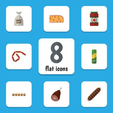 Düz simgesi gıda ketçap, et, sosis ve diğer vektör nesnelerini ayarlayın. Ayrıca füme, çuval, peynir öğeleri içerir.