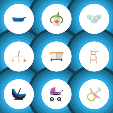 Çocuk arabası, bebek arabası, cep ve diğer vektör nesnelerini düz simge bebek seti. Ayrıca bebek bezi, emzikler, beşik unsurları içerir.