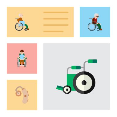 Düz simgesini devre dışı engelli kişi, ekipman, tekerlekli sandalye ve diğer vektör nesnelerini ayarlayın. Ayrıca adam, içerir devre dışı, öğeleri yardım.