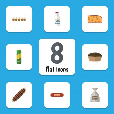 Düz simgesi Tart, yumurta kabuğu kutusu, spagetti ve diğer vektör nesneleri kümesi yeme. Ayrıca Kielbasa, Holland, makarna öğeleri içerir.