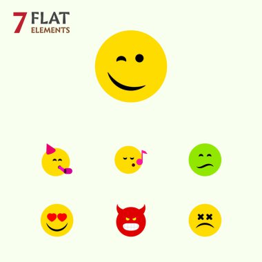 Düz simge kümesi Emoji surat asmayı, göz kırpıyor, parti zamanı ifade ve diğer vektör nesneleri. Ayrıca parti, kaşlarını, baş döndürücü unsurları içerir.