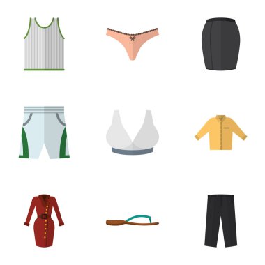 Düz simgesi elbise Singlet, giyim, mayo kumaş ve diğer vektör nesnelerini ayarlayın. Ayrıca iç çamaşırı, meme, kolsuz unsurları içerir.