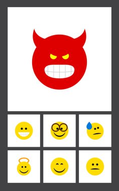 Gülüşü, gülümseme, somurtmak, düz simgesi hareket kümesini ve diğer vektör nesneleri. Gülümseme, kızgın, sırıtış öğeleri de içerir.