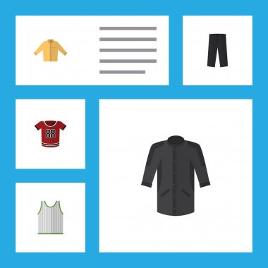 Banyan, T-Shirt, üniforma ve diğer vektör nesnelerini düz simge giysi seti. Kimono, pantolon, bluz öğeleri de içerir.