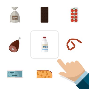 Düz simgesi şişe, teneke ton balığı, domates ve diğer vektör nesneleri kümesi yeme. Ayrıca konfeksiyon, sosis, Hotdog öğeleri içerir.