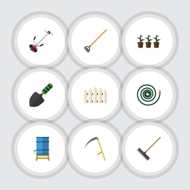 Düz simgesi kulübemde Hosepipe, saksı, konteyner ve diğer vektör nesnelerini ayarlayın. Ayrıca biçme makinesi, kesici, Bahçe öğeler içerir.